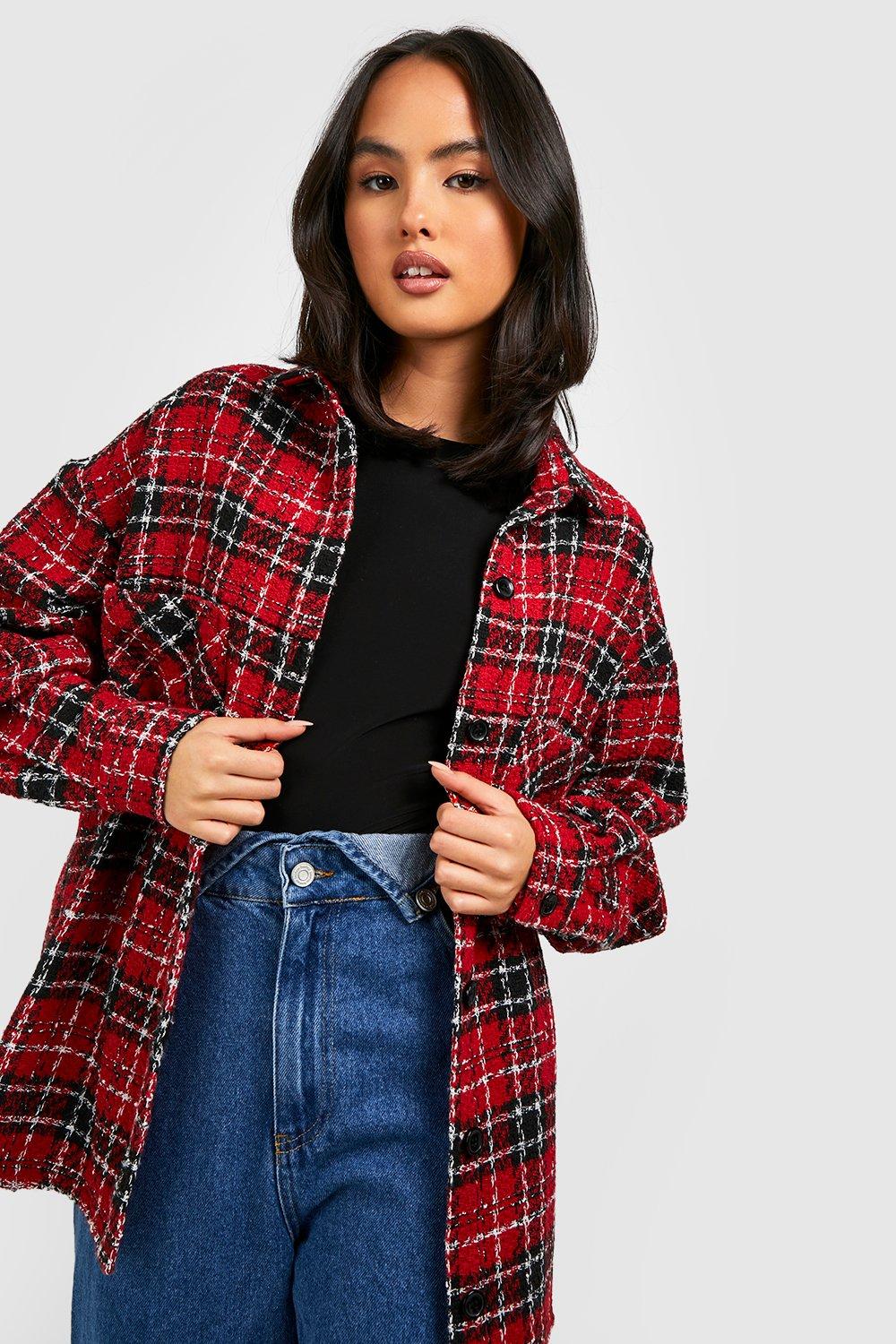 Premium Boucle Oversized Checked Shirt boohoo