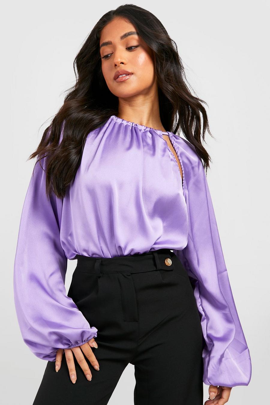 Purple Petite Cut Out Satin Long Sleeve Bodysuit image number 1