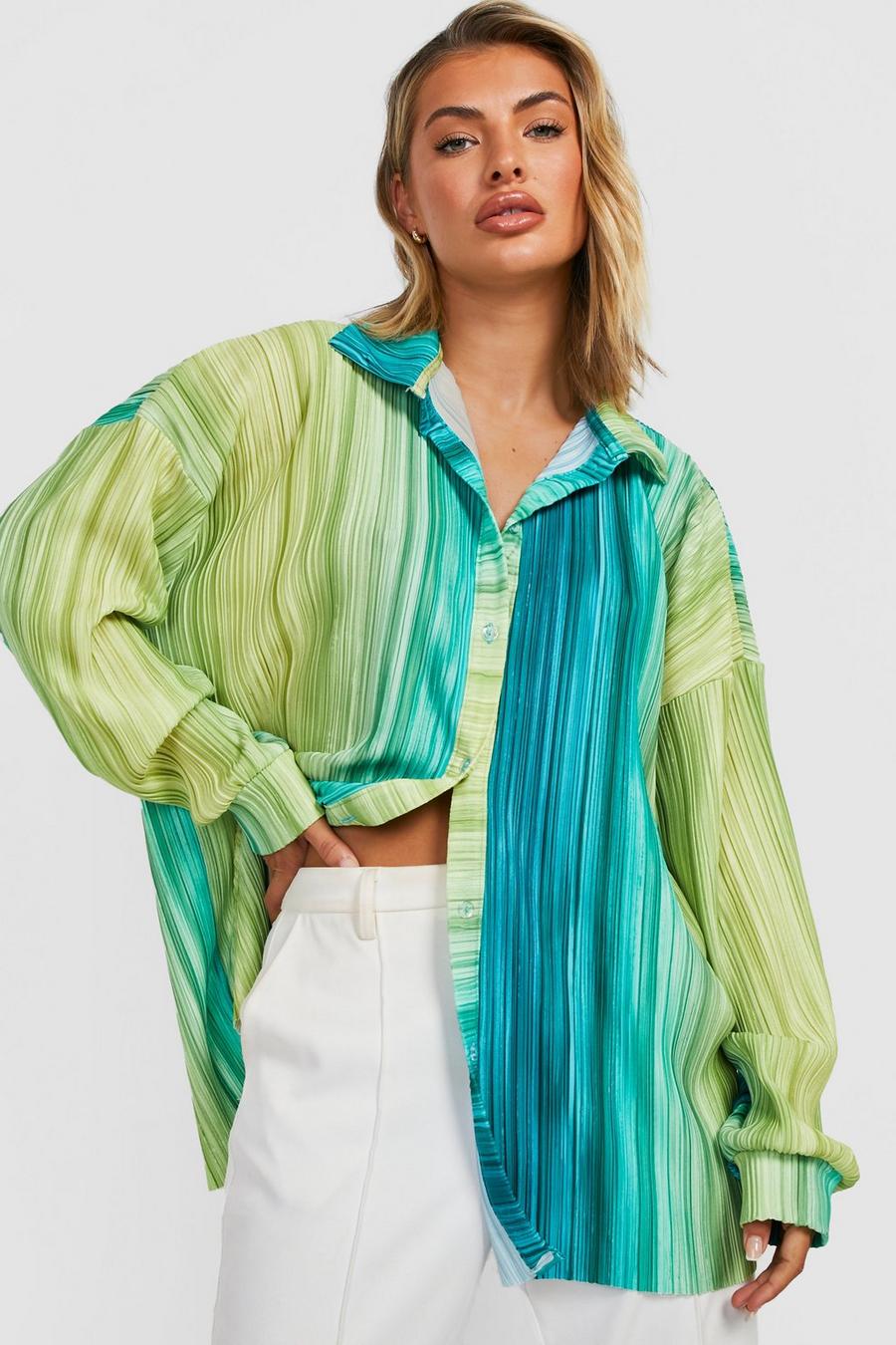 Green Ombre Printed Oversized Plisse Shirt image number 1