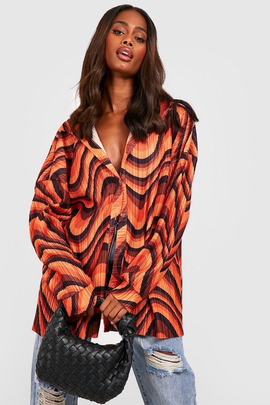Chocolate brown Marble Printed Oversized Plisse Shirt 
