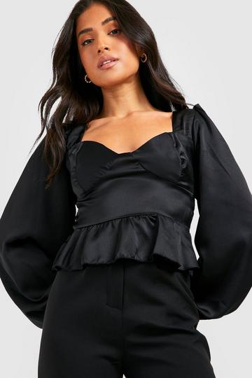 Petite Satin Bust Detail Puff Sleeve Top black