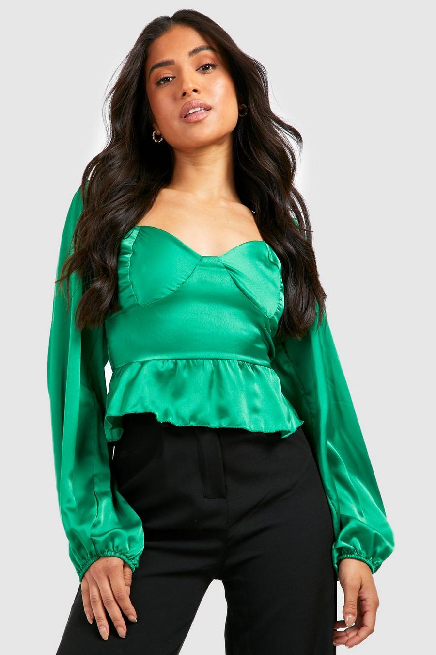Green Petite Satin Bust Detail Puff Sleeve Top  image number 1