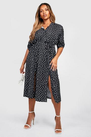 Plus Polka Dot Midi Shirt Dress black