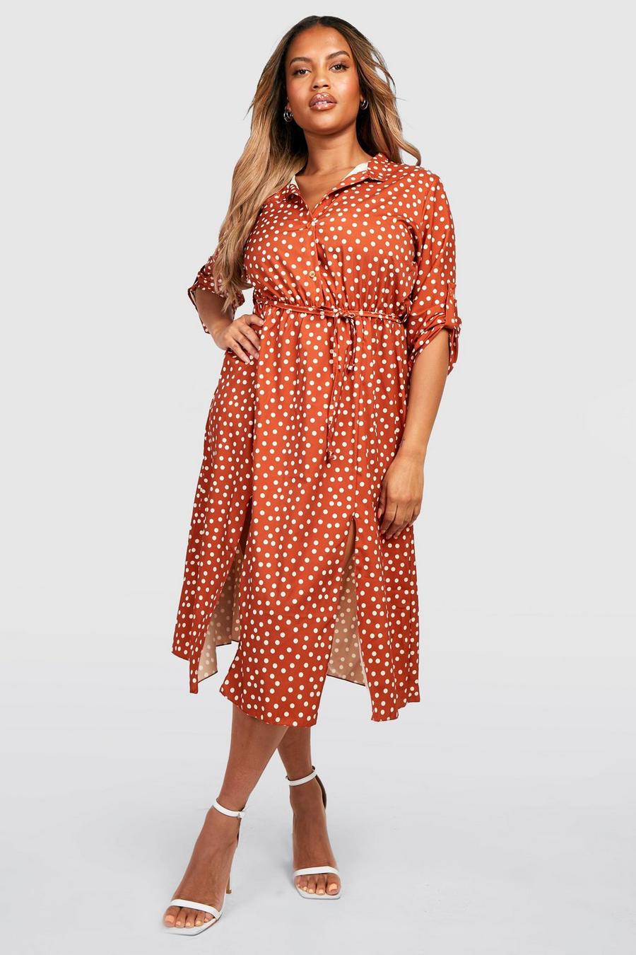 Terracotta Plus Polka Dot Midi Shirt Dress image number 1