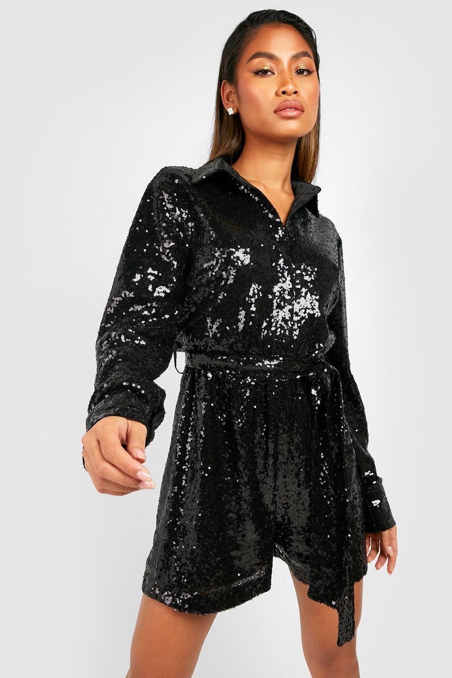 Black Sequin Shirt Oversized Romper image number 1