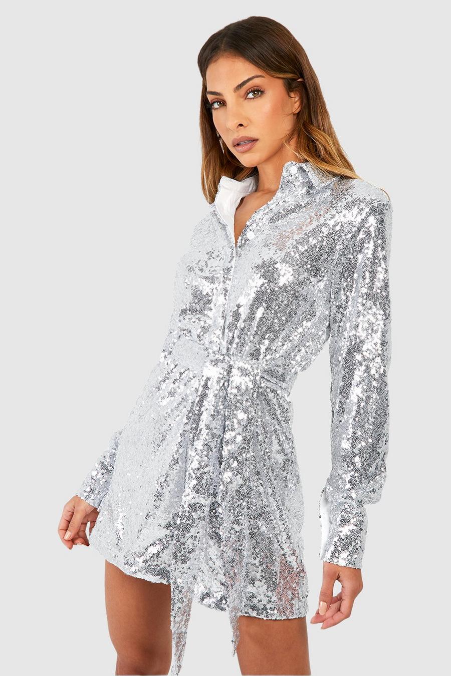 Silver Sequin Shirt Oversized Romper image number 1