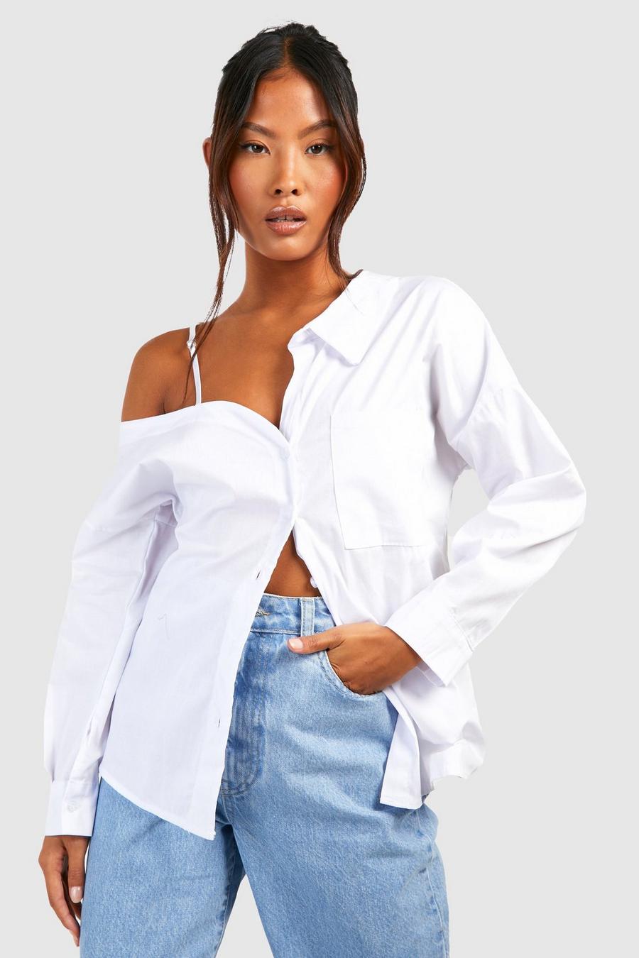 White Petite Cold Shoulder Collared Shirt image number 1