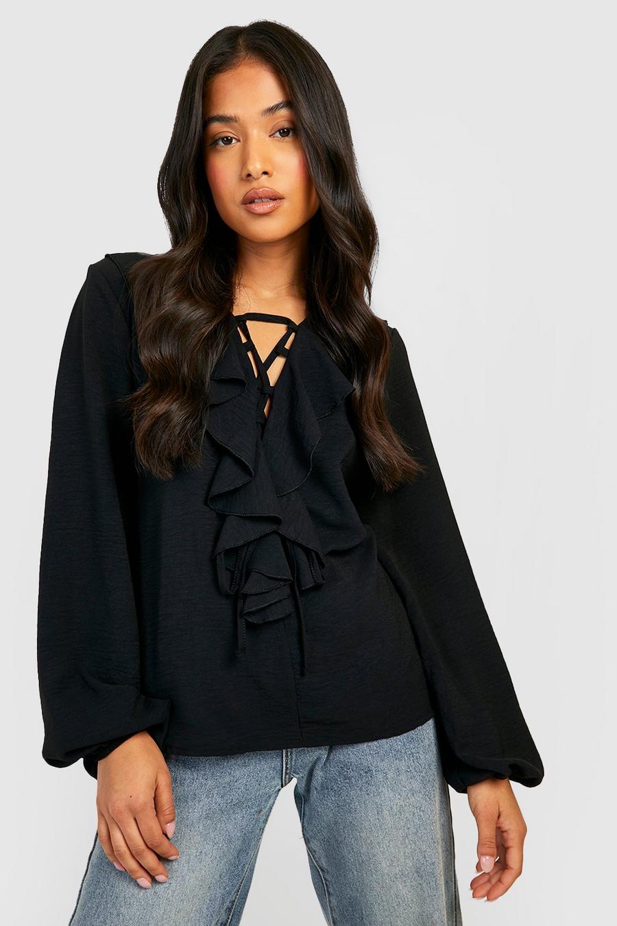 Black Petite Woven Lace Up Ruffle Blouse image number 1