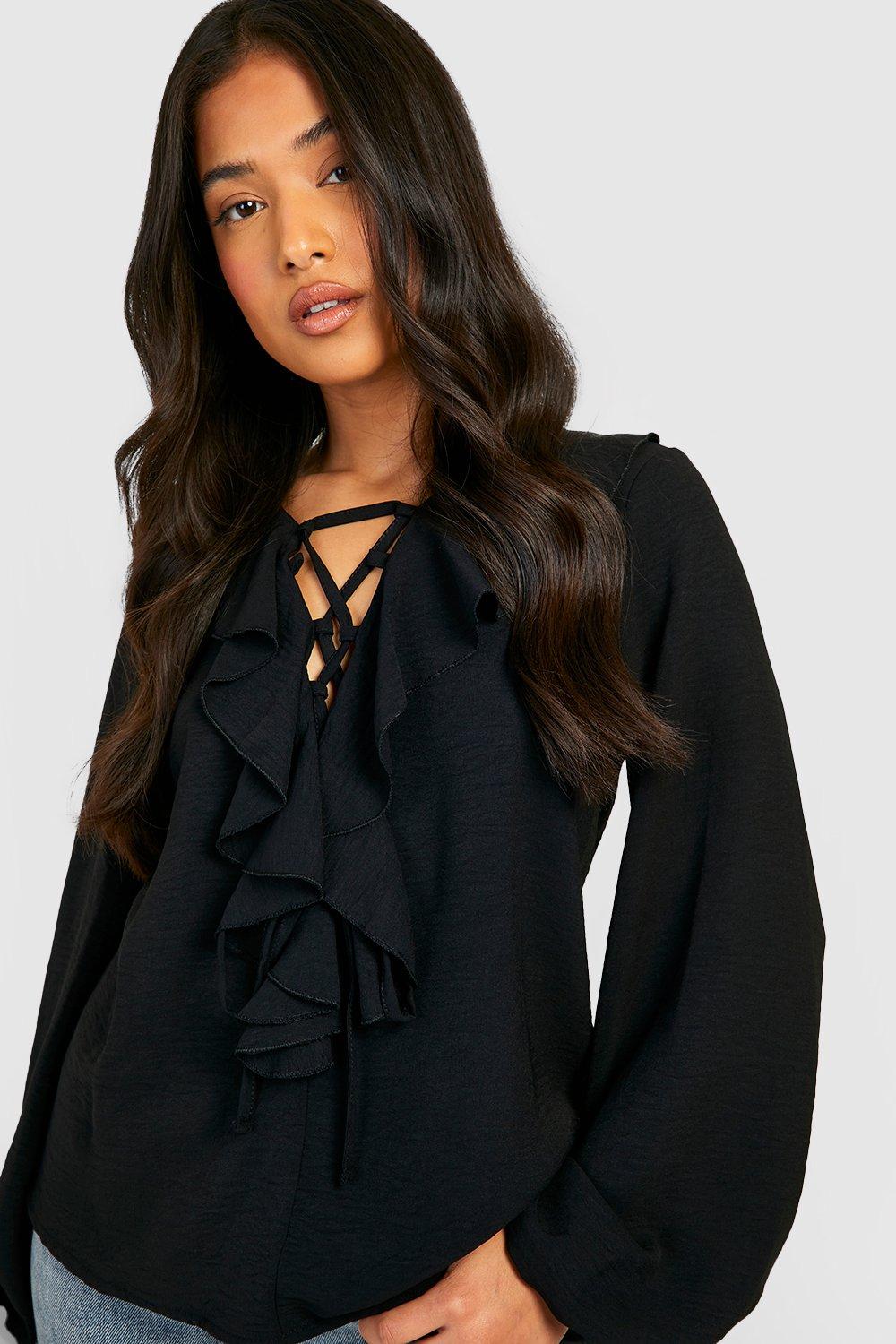 Black Petite Woven Lace Up Ruffle Blouse