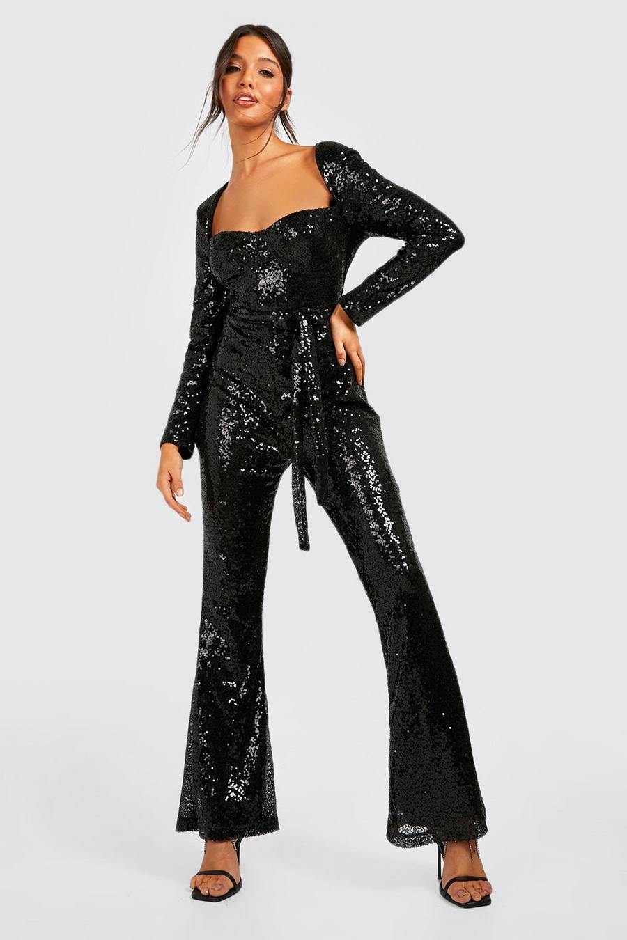 Black Flared Glitter Jumpsuit Met Pailletten En Ceintuur image number 1