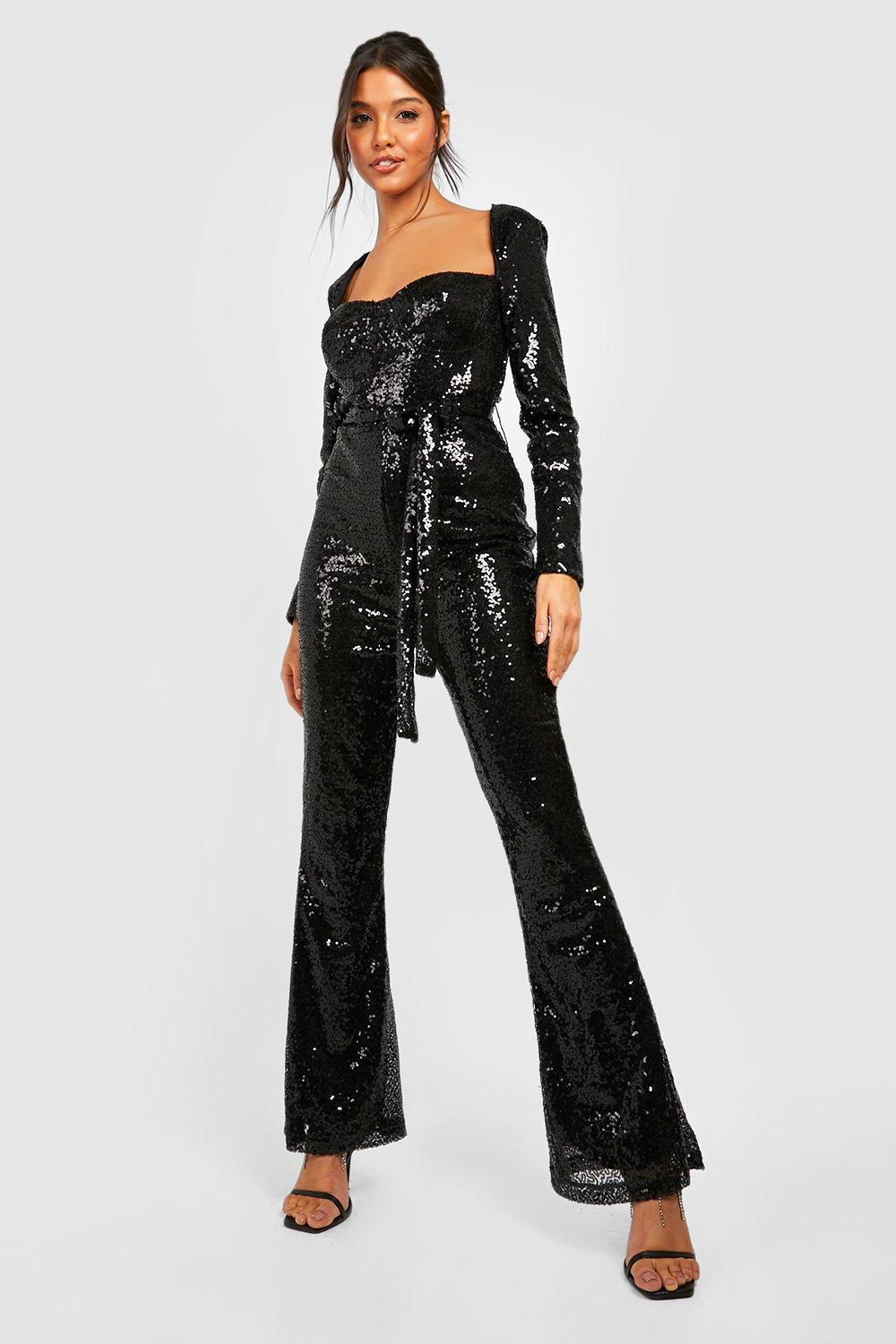 Sequin Belted Flare Jumpsuit