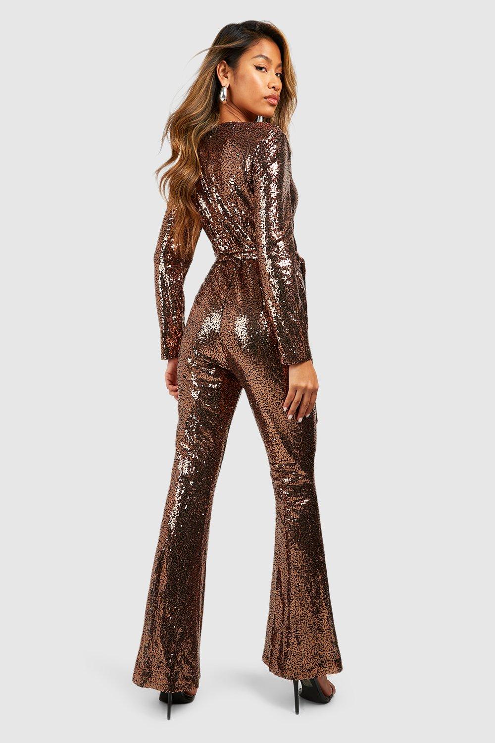 Women s Sequin Belted Flare Jumpsuit Boohoo UK