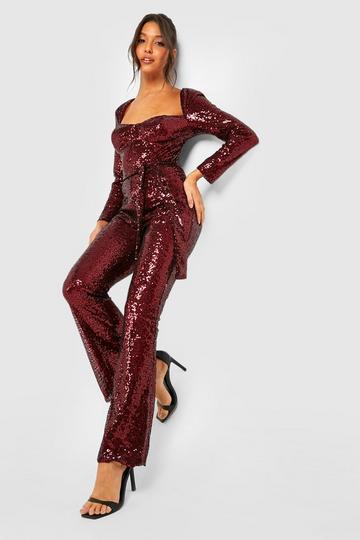 Red Sequin Belted Flare Jumpsuit