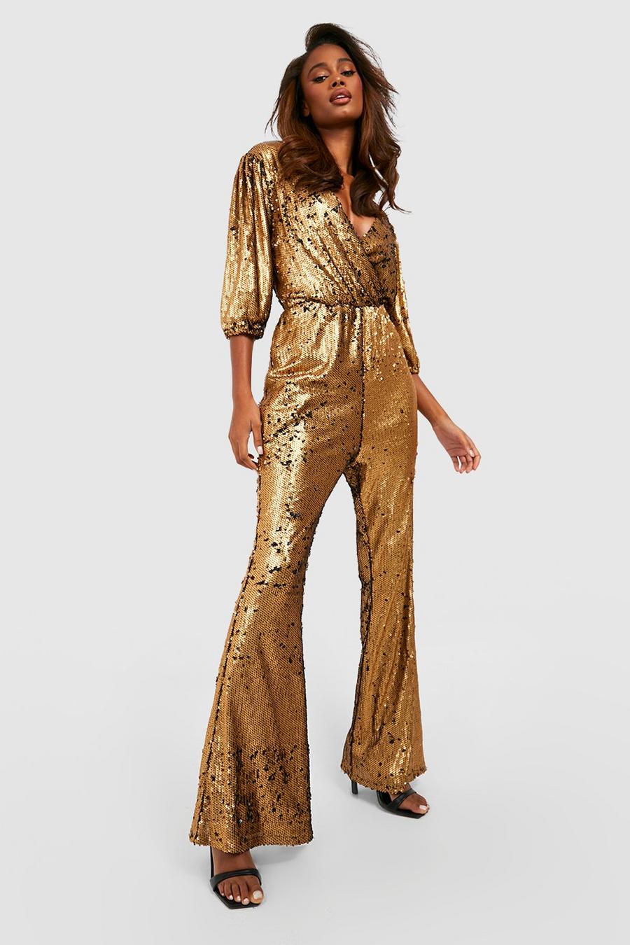Gold Sequin Puff Sleeve Flare Leg Jumpsuit image number 1