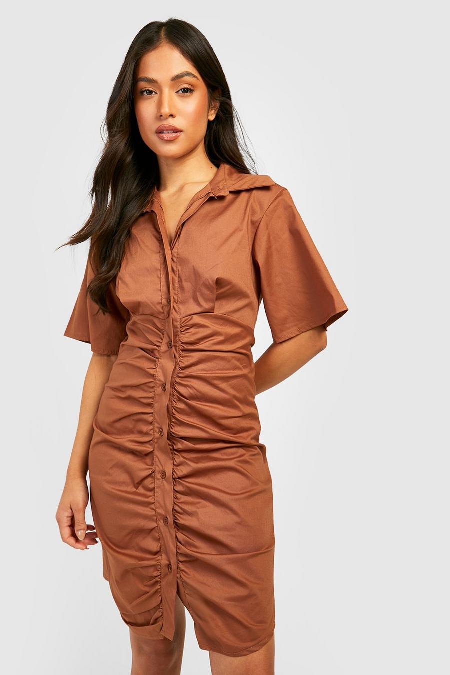 Chocolate brown Petite Cotton Poplin Ruched Shirt Dress