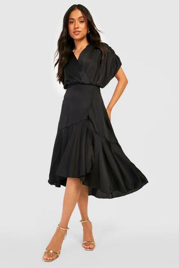 Black Petite Satin Occasion Ruffle Hem Midi Dress
