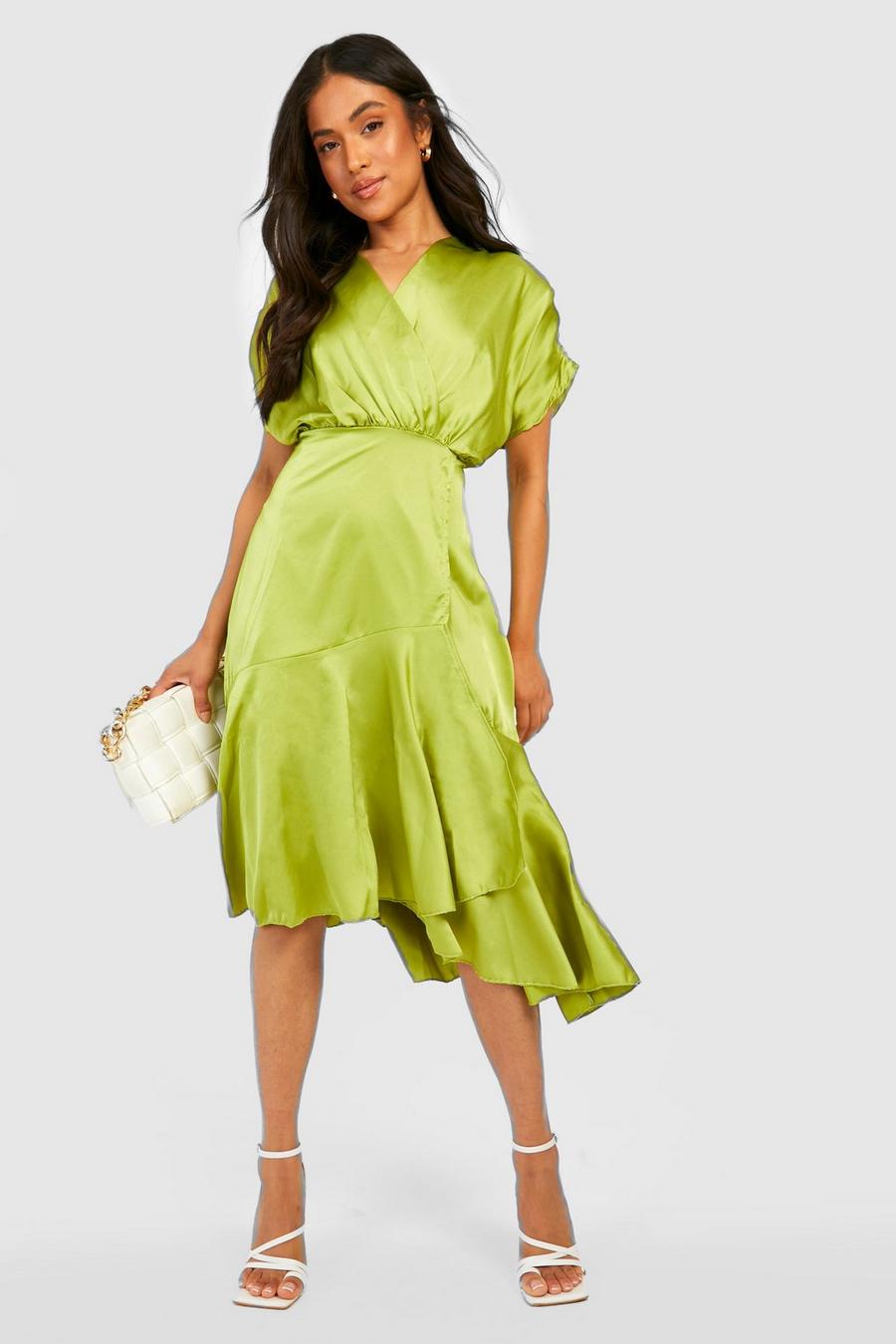Lime green Petite Satin Occasion Ruffle Hem Midi Dress