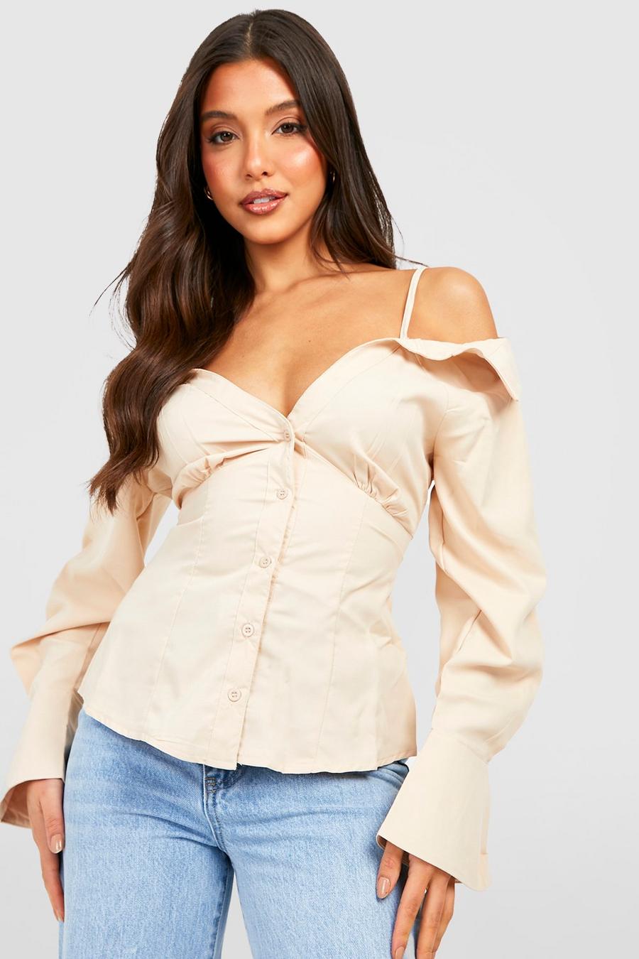 Sand Cold Shoulder Strappy Shirt Style Top image number 1