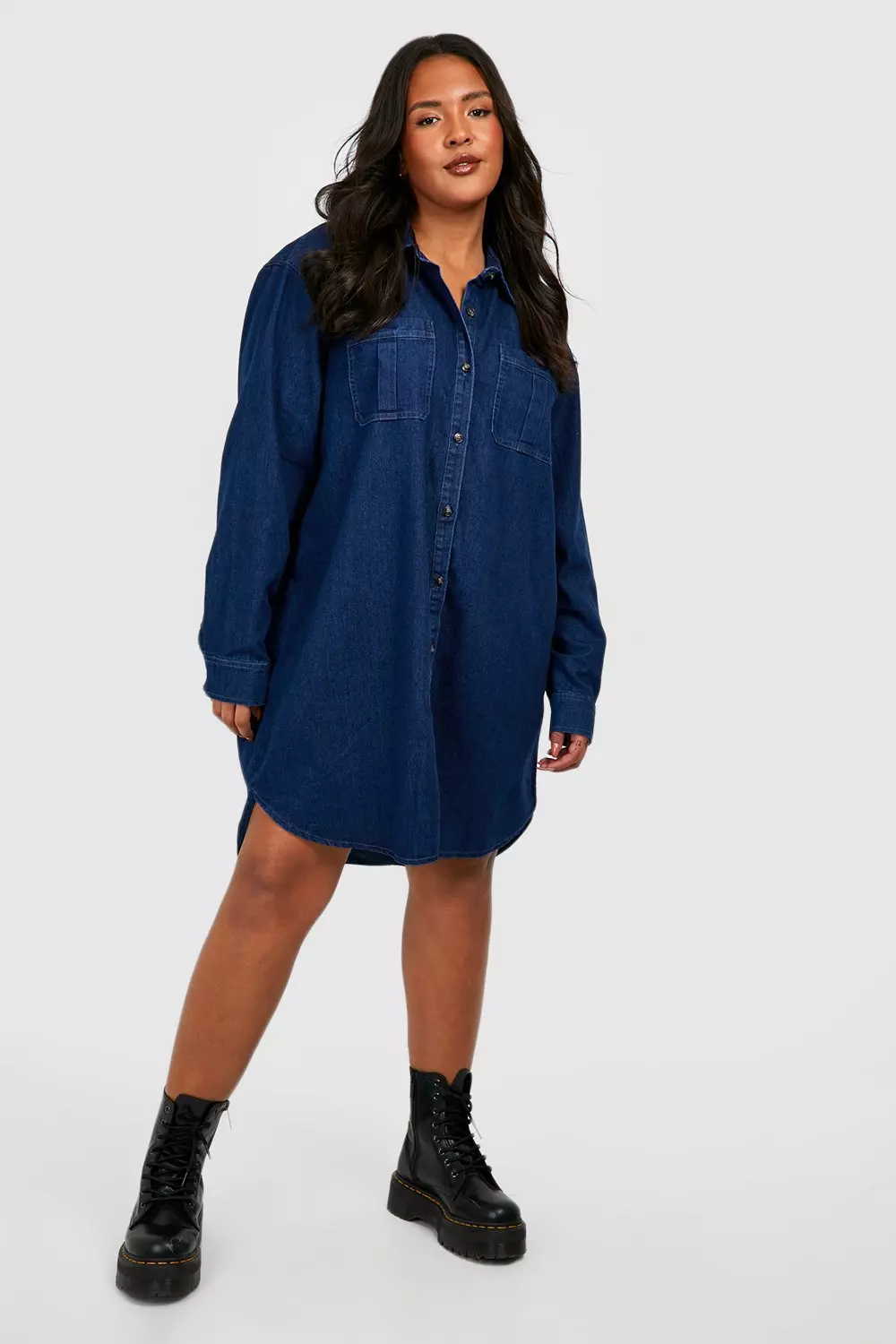 Plus button sale front denim dress