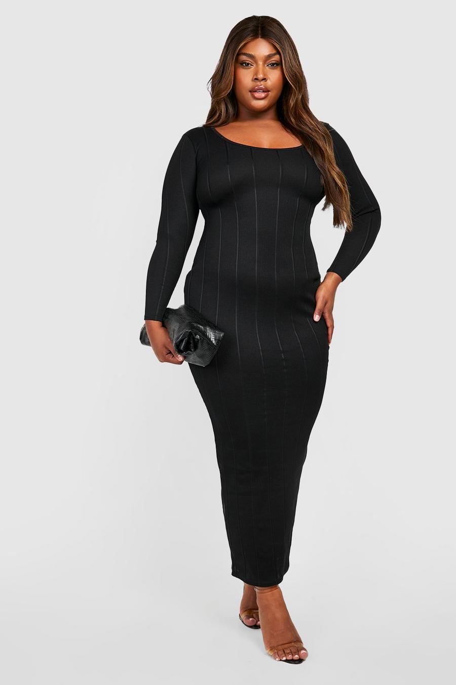 שחור שמלת מקסי ארוגה בנדג' פרימיום, מידות גדולות image number 1