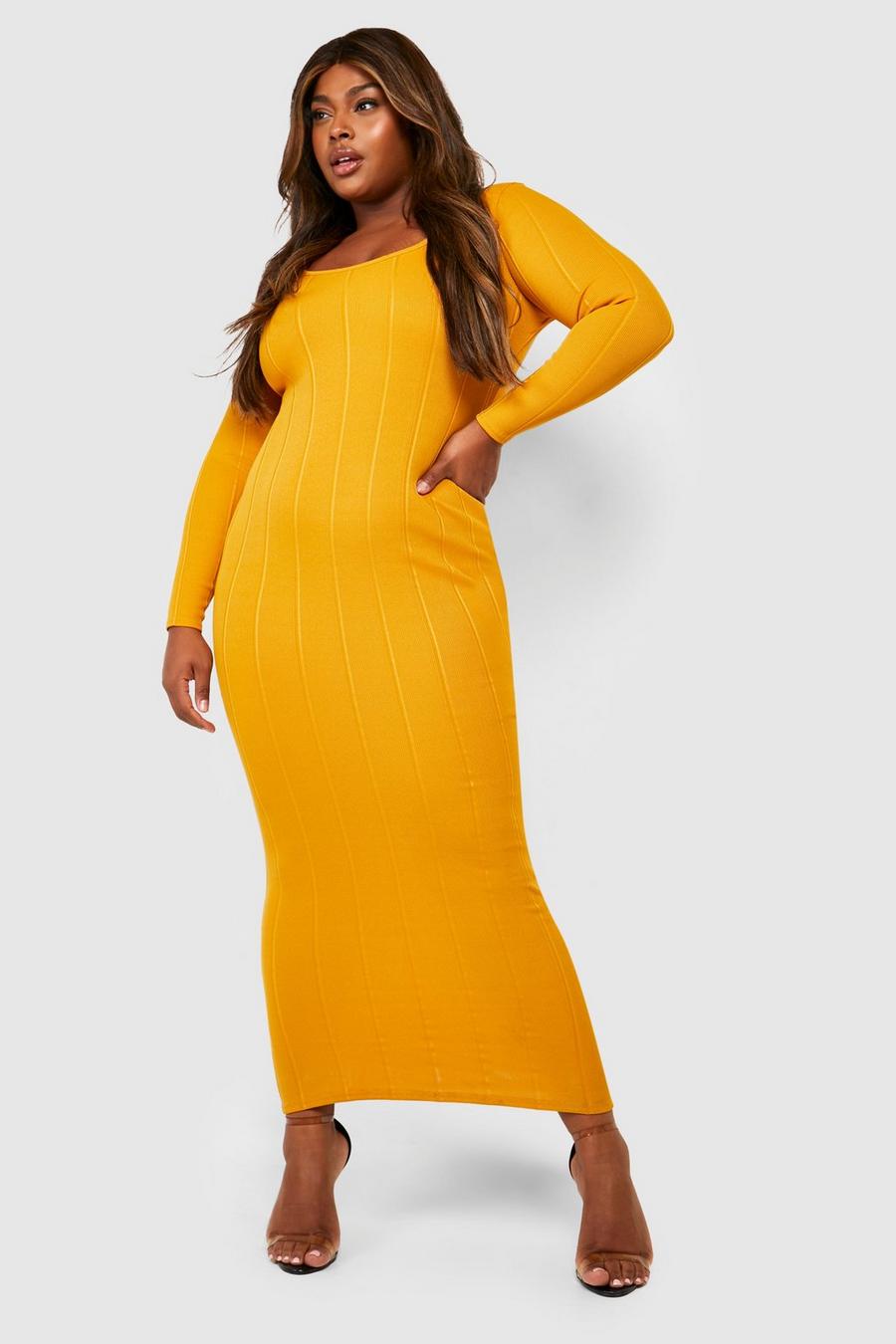 Mustard yellow Plus Premium Bandage Rib Maxi Dress