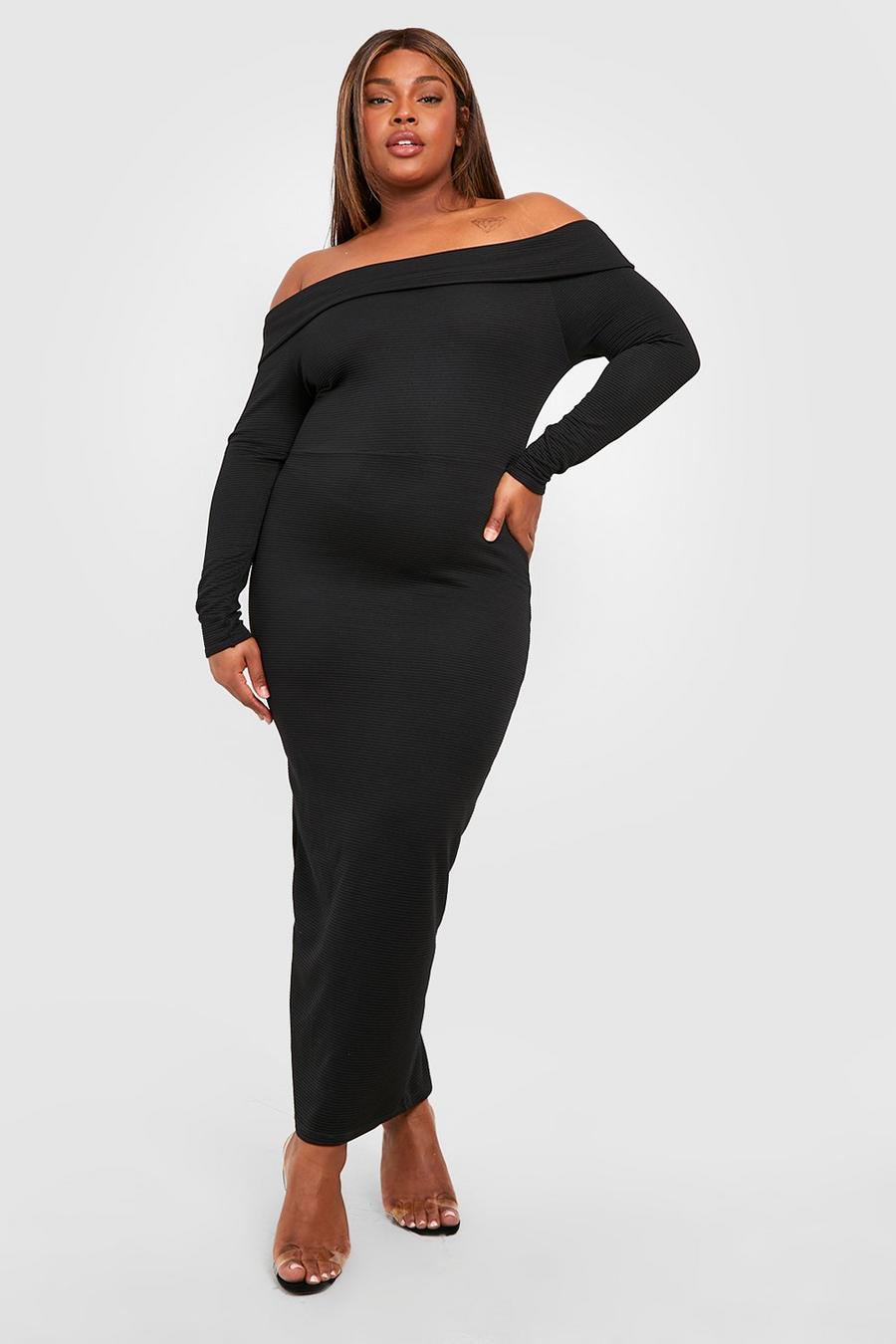 Black Plus Jumbo Rib Bardot Maxi Dress image number 1