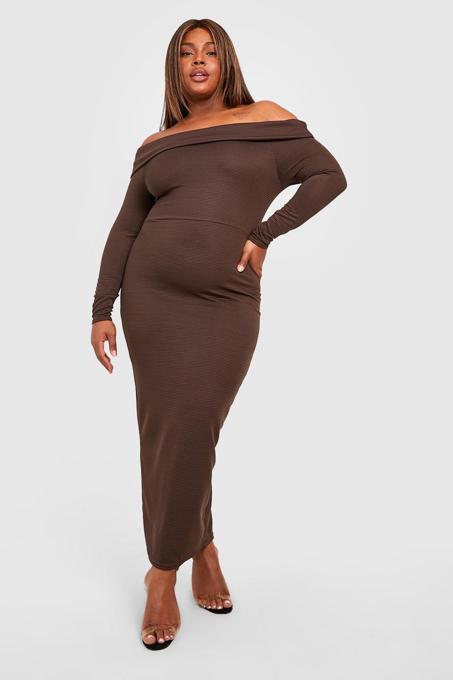 Chocolate brown Plus Jumbo Rib Off The Shoulder Maxi Dress image number 1