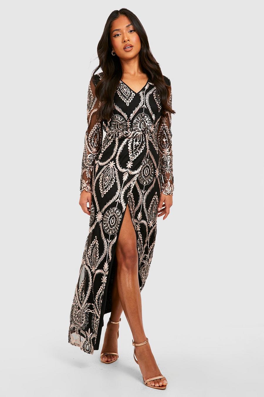 Gold metallic Damask Sequin Plunge Maxi Party Dress