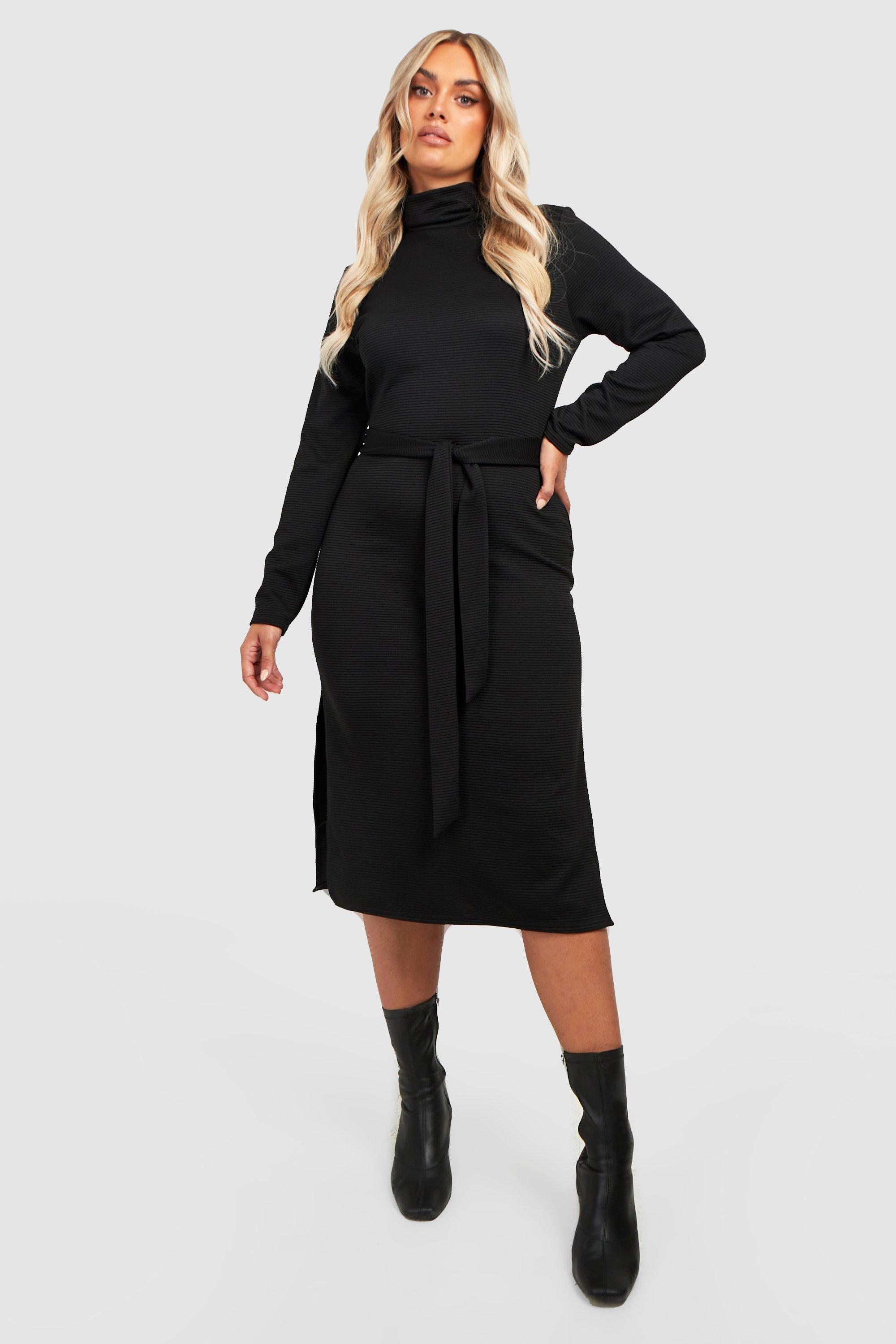 Plus Jumbo Rib Roll Neck Belted Midi Dress | Boohoo UK