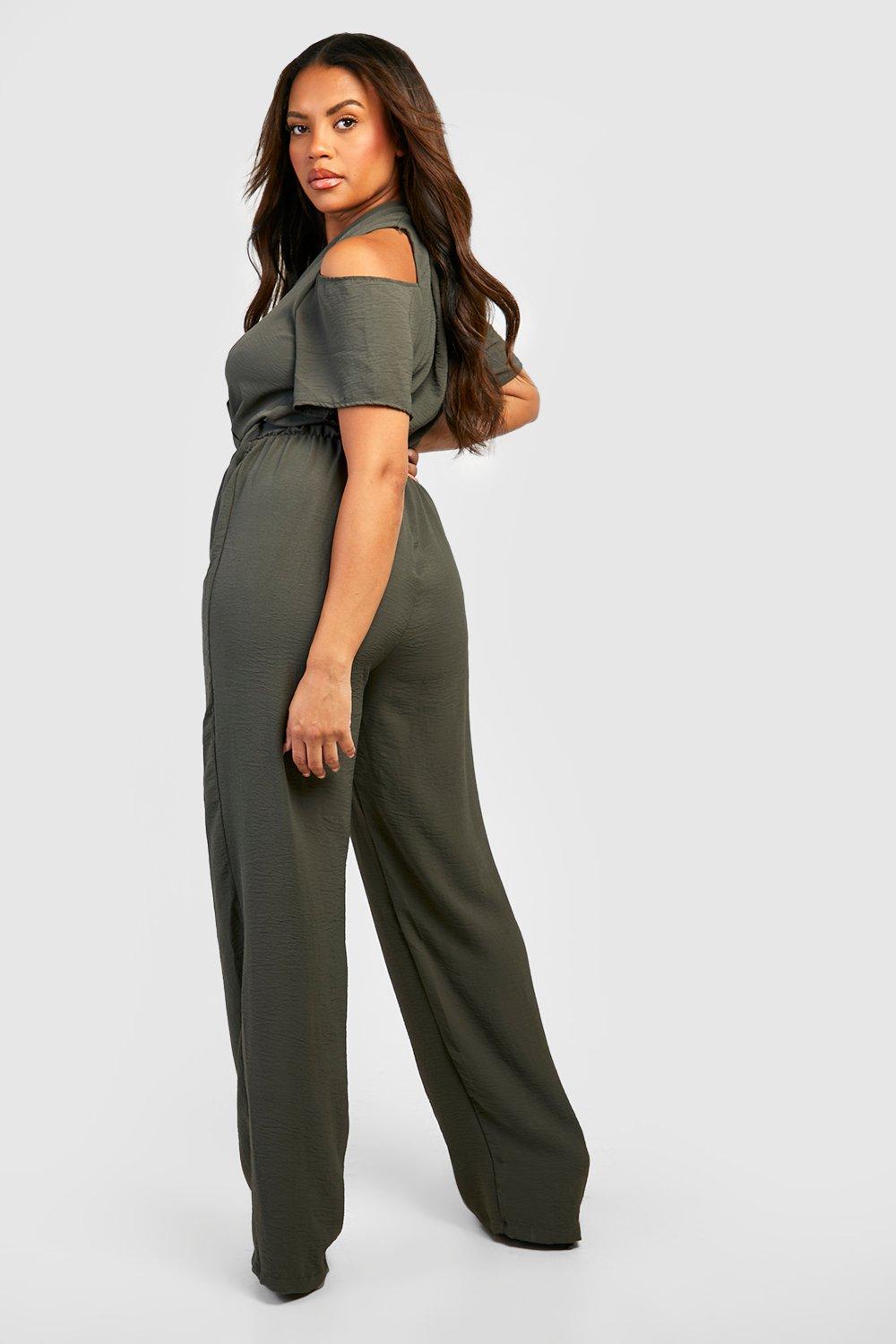 Plus Woven Cold Shoulder Tie Belt Jumpsuit boohoo