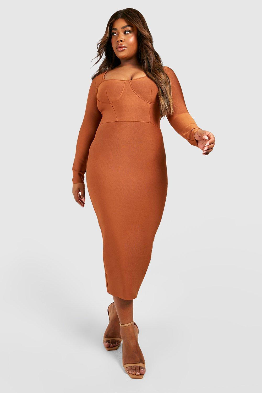 Buy Sizzle Bodycon Corset Midi Dress In Brown for Women Online in