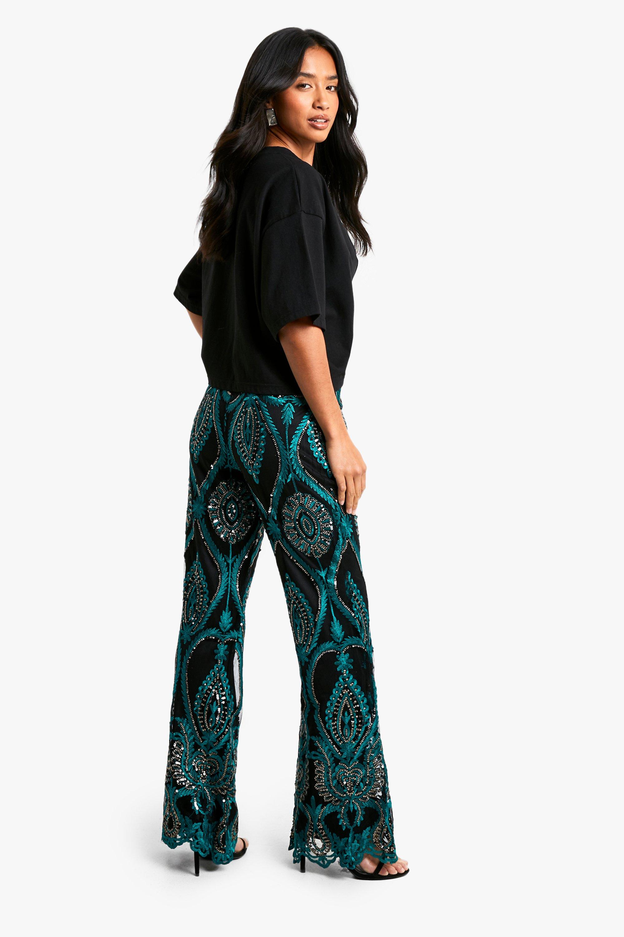 Petite Damask Sequin Wide Leg Trousers boohoo IE