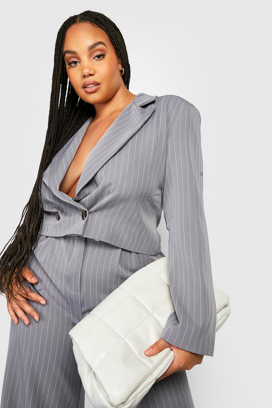 Grey grau Plus Tailored Pinstripe Cropped Blazer
