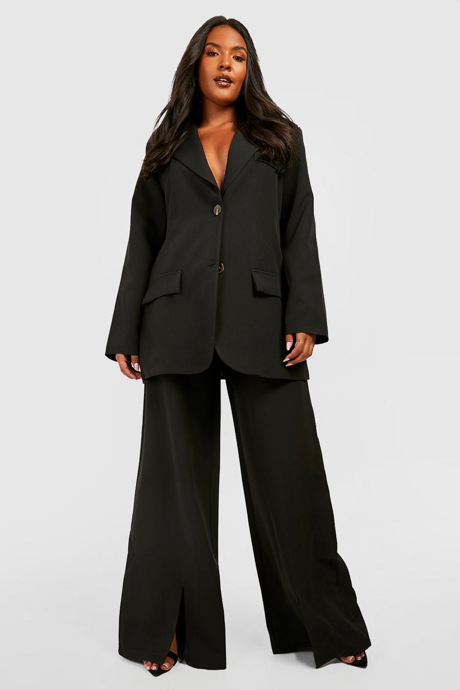 Black Plus Woven Tailored Split Wide Leg Trousers image number 1