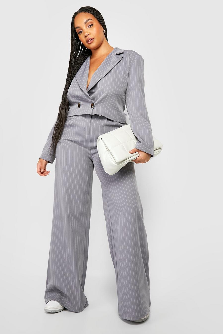Grey Plus Tailored Pinstripe Wide Leg Trousers image number 1