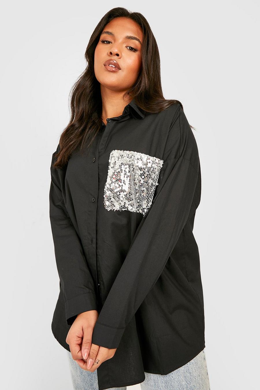 Black Plus Sequin Pocket Poplin Shirt