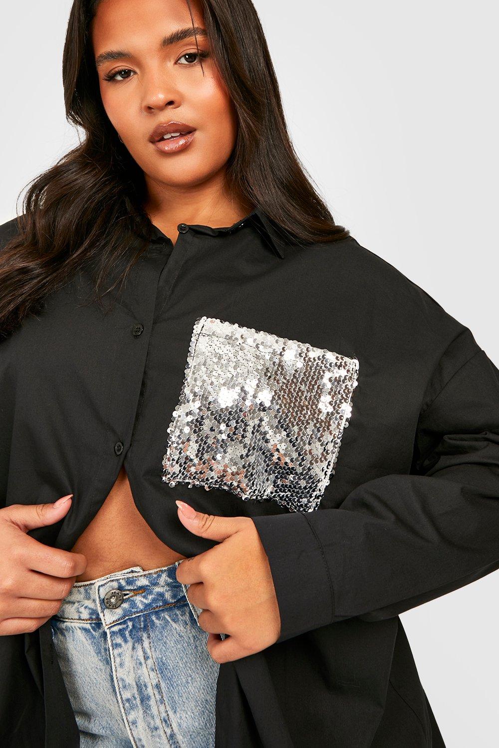 Plus size sequin cheap pocket shirt