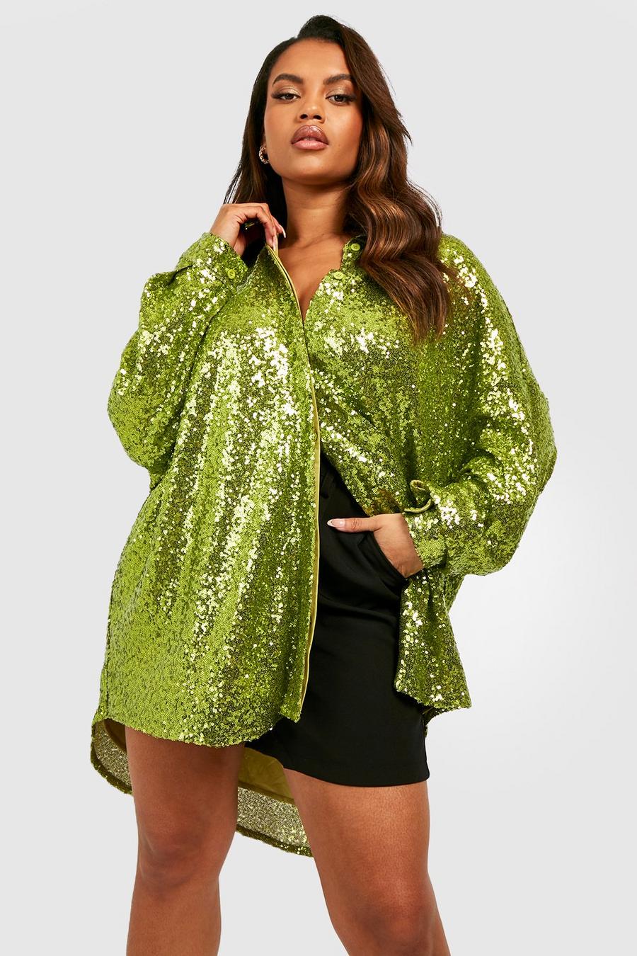 Camicia Plus Size oversize Premium con paillettes, Green image number 1