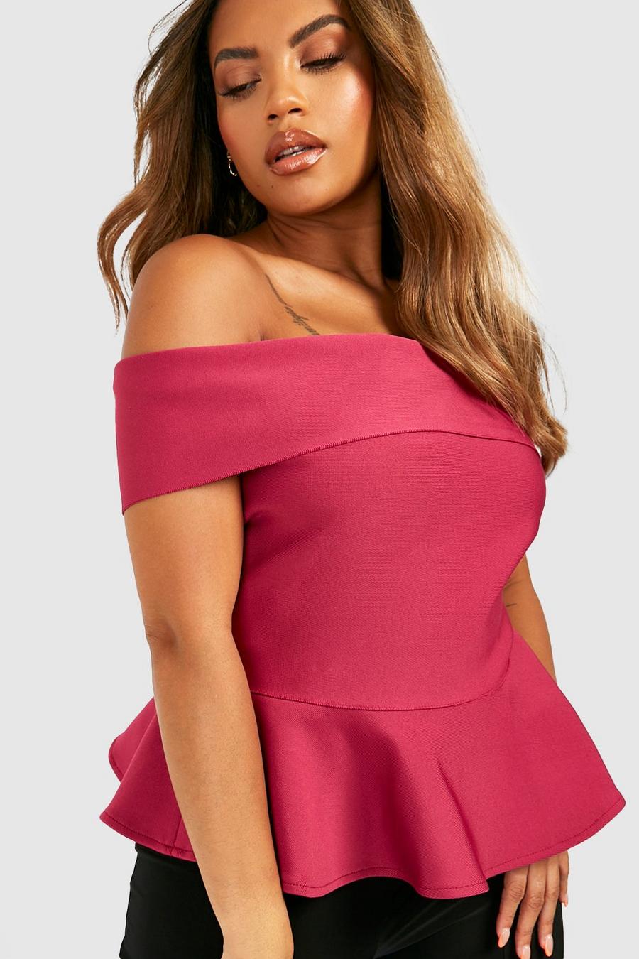 Berry red Plus Premium Bandage Off The Shoulder Peplum Top image number 1