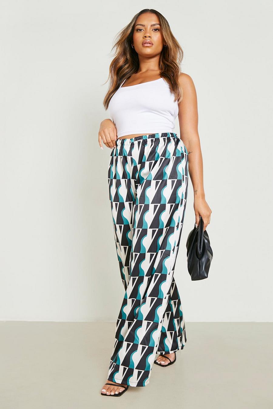 Emerald Plus Geo Print Satin Wide Leg Trousers image number 1