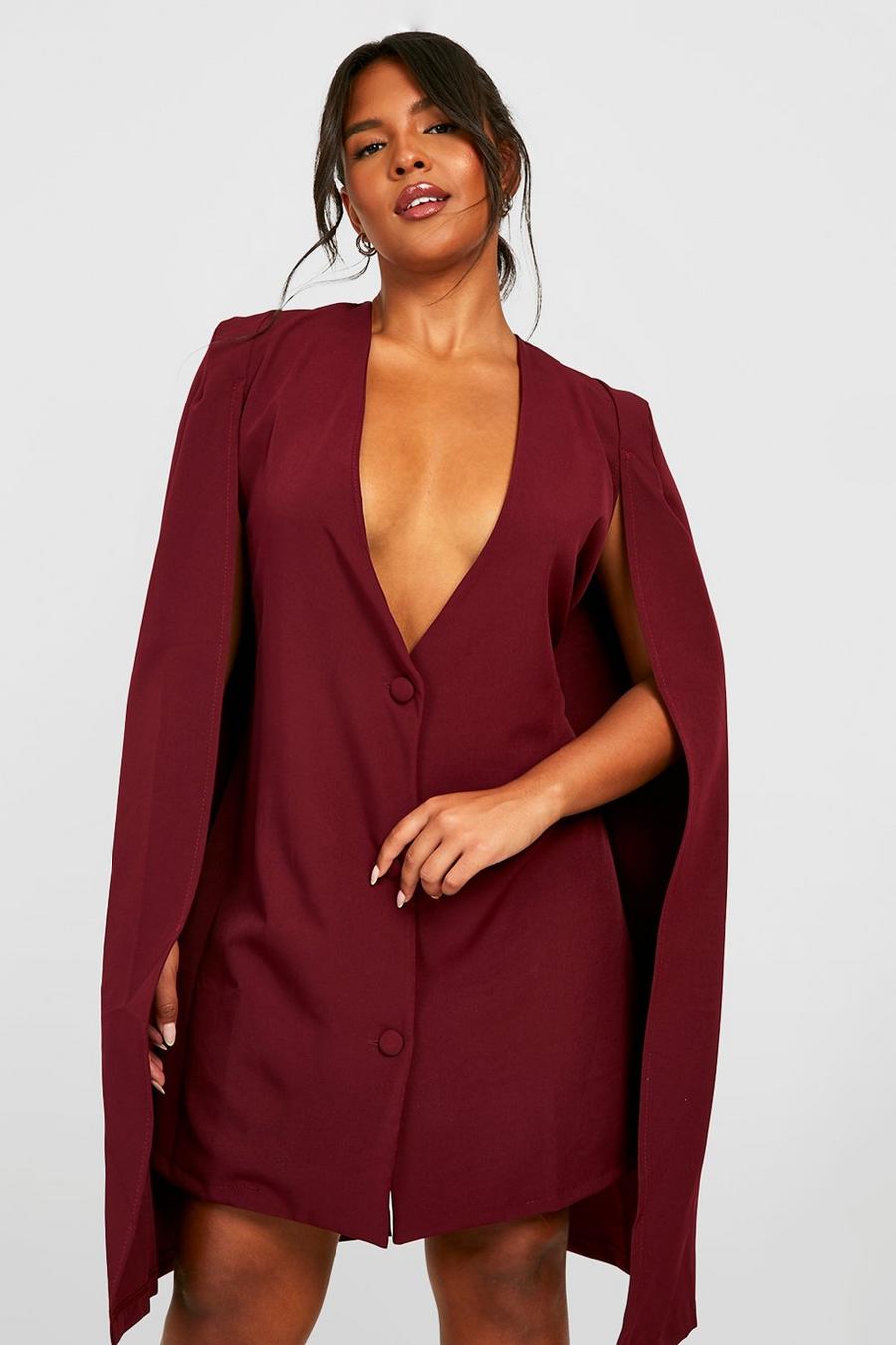 Wine red Plus Cape Sleeve Blazer Dress
