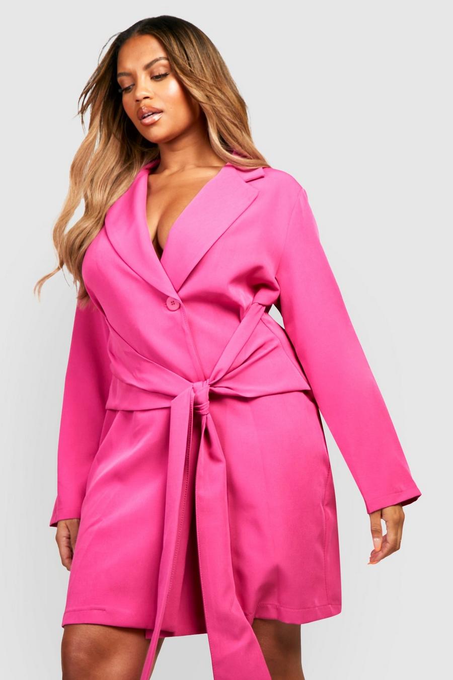 Hot pink Plus Obi Tie Waist Blazer Dress