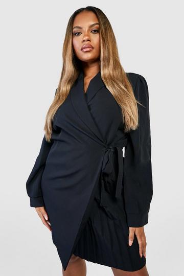 Plus Pleated Tie Waist Blazer Dress black