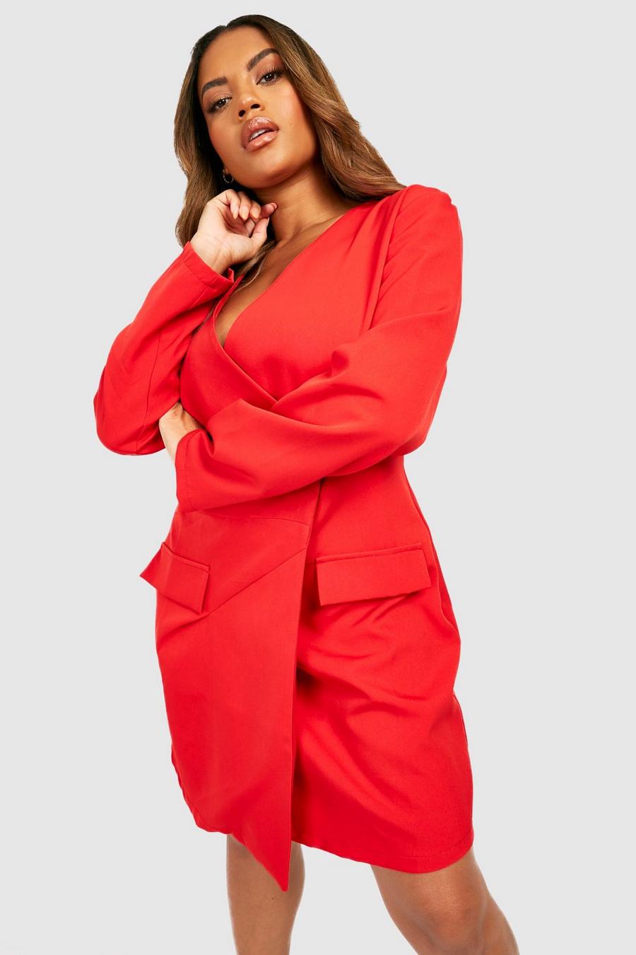 Red Plus Wrap Long Sleeved Blazer Dress  image number 1