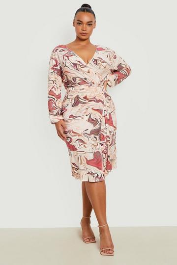 Plus Marble Slinky Wrap Midi Dress brown