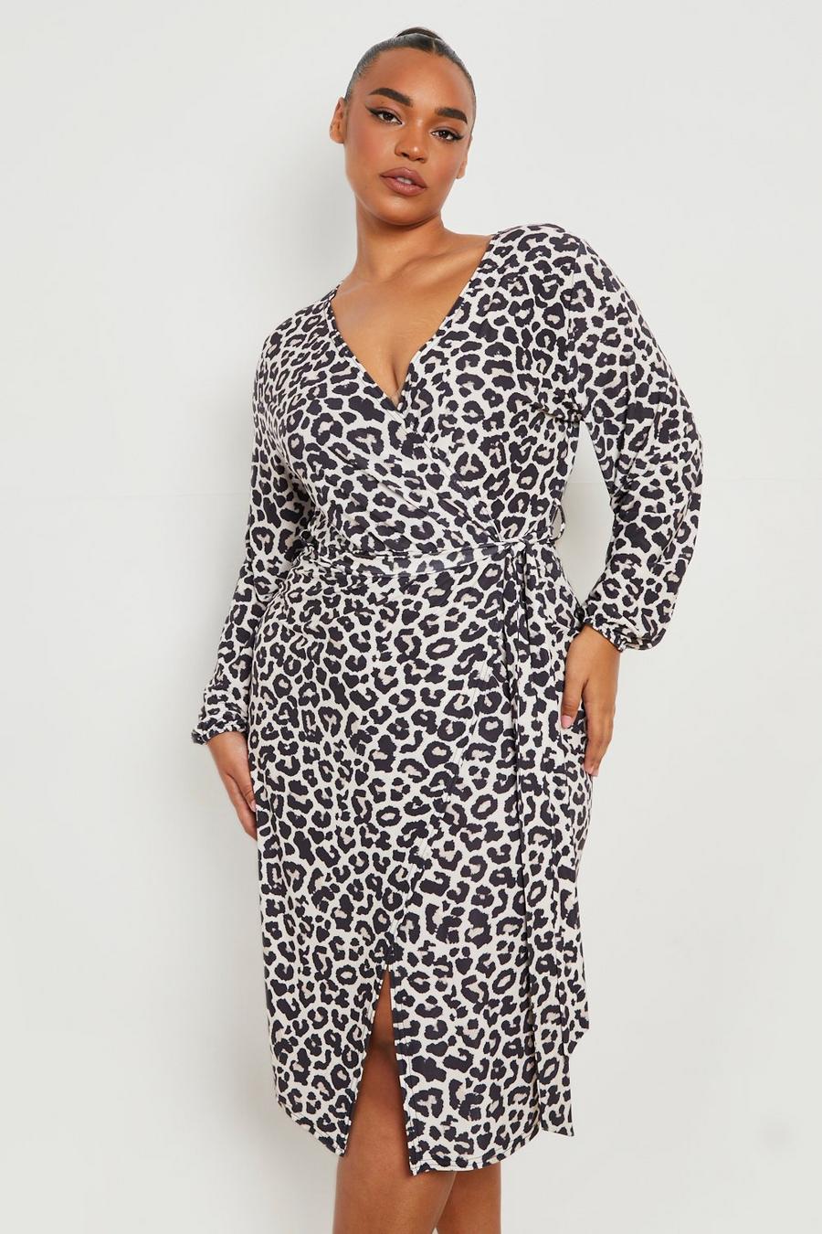 Brown Plus Leopard Slinky Wrap Midi Dress image number 1
