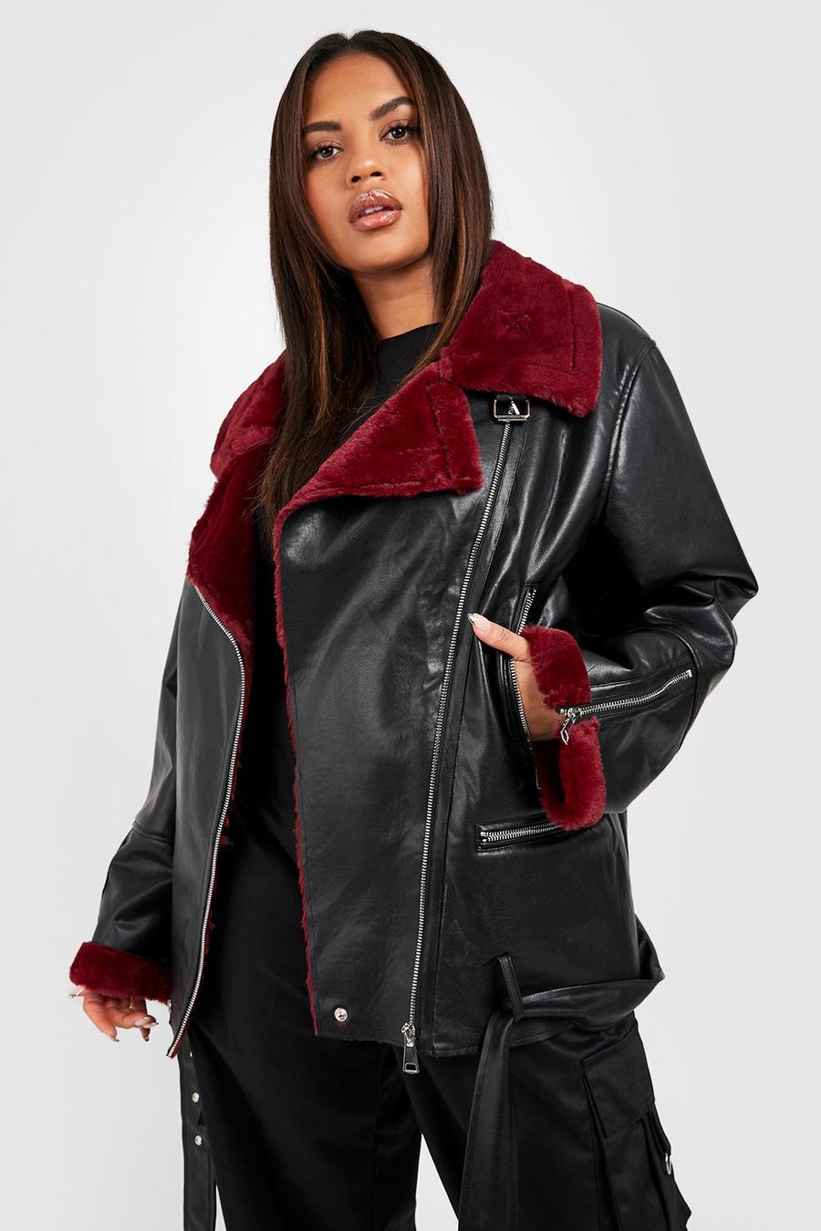 Black Plus Red Faux Fur Aviator Jacket image number 1