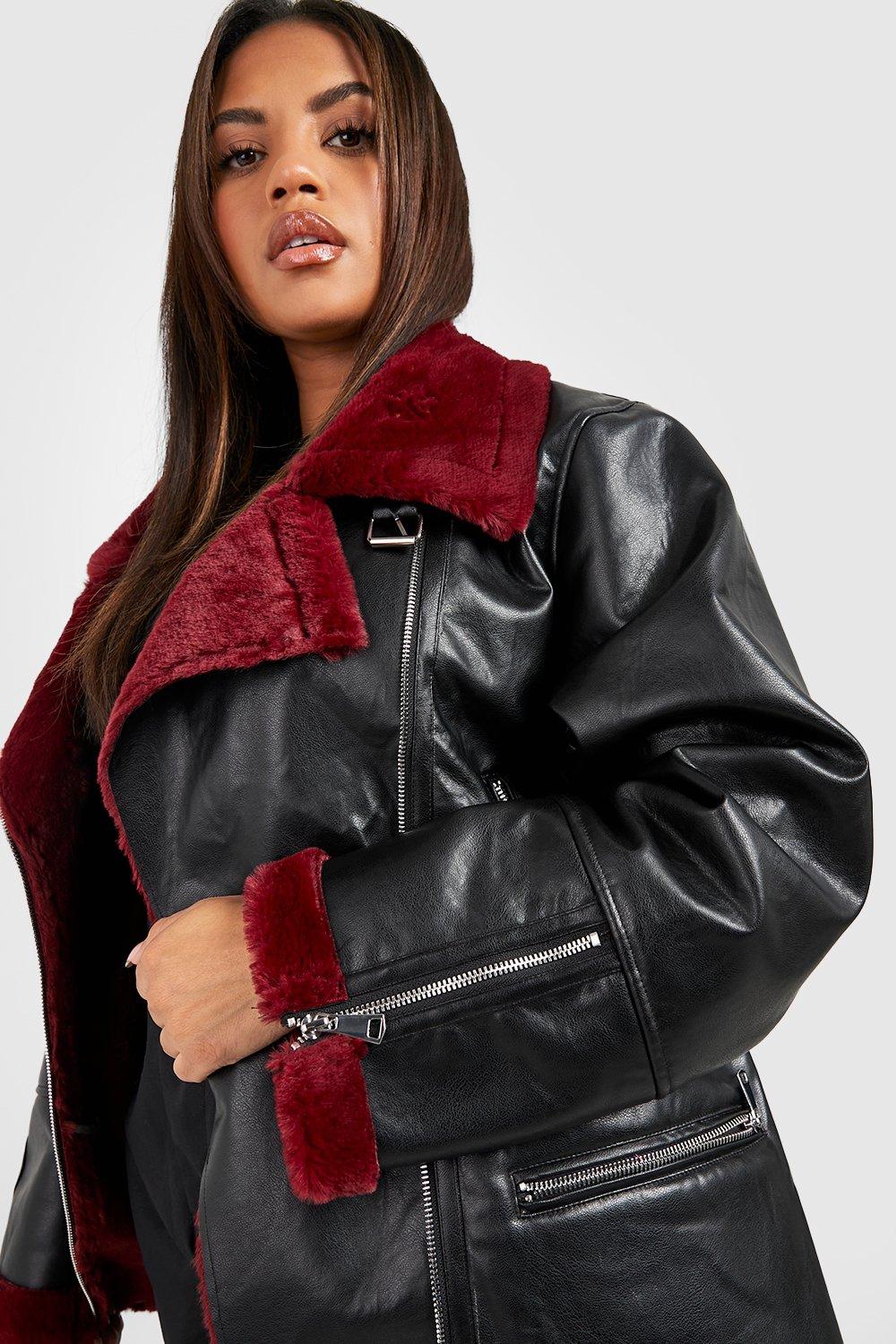 Red leather jacket on sale boohoo