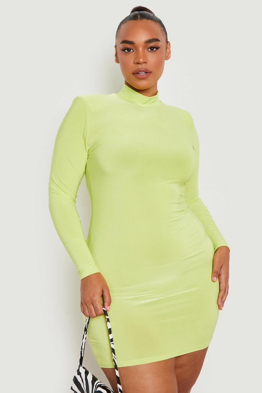 Lime green Plus Shoulder Pad Slinky Bodycon Dress