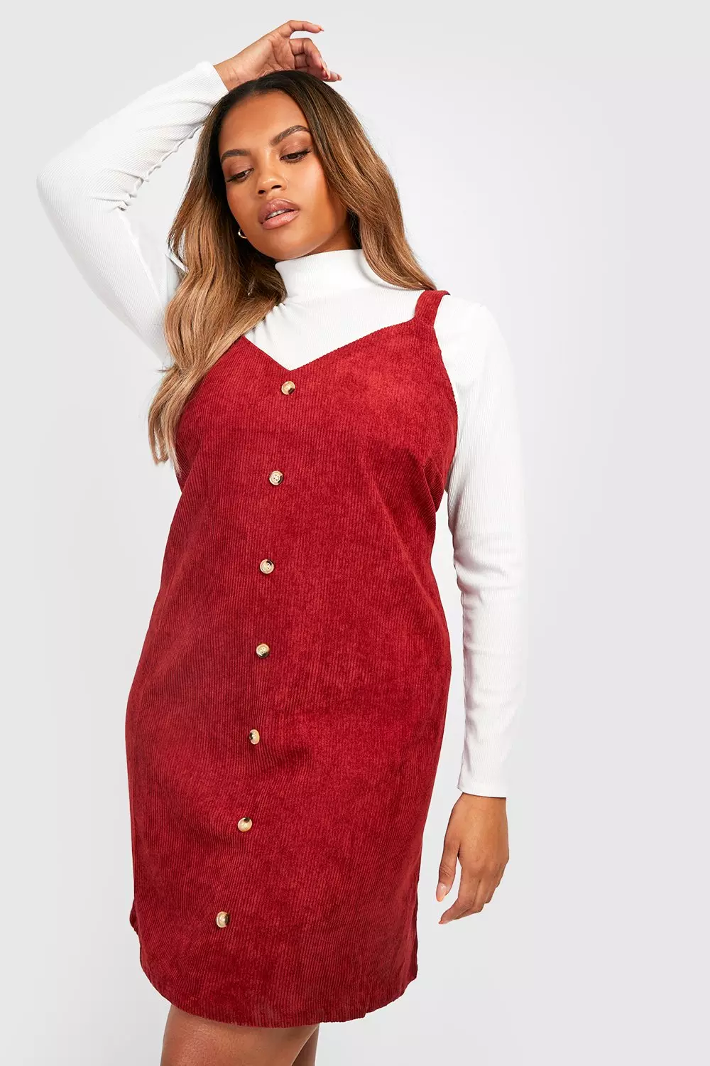 Plus Cord Button Down Pinafore Dress